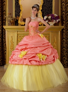Fashionable Watermelon and Yellow Sweet 16 Dress Strapless Taffeta and Tulle Beading Ball Gown