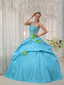 Romantic Baby Blue Quinceanera Dress Strapless Taffeta Beading and Hand Flowers Ball Gown