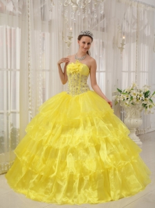 Beautiful Yellow Quinceanera Dress Strapless Taffeta and   Organza Beading Ball Gown