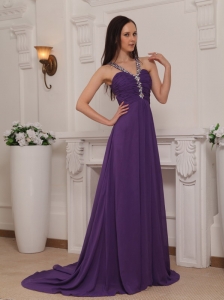 Purple Empire V-neck Brush Train Chiffon Beading and Ruch Prom / Pageant Dress