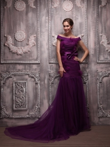 Eggplant Purple Mermaid Off The Shoulder Brush Train Tulle Hand Made Flowers Prom / Evening Dress