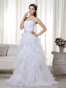 White A-line / Princess Strapless Brush Train Organza Beading Prom Dress