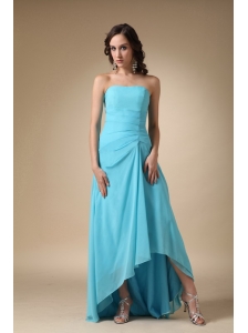Aqua Blue A-line Strapless Asymmetrical Chiffon and Elastic Woven Satin Prom Dress