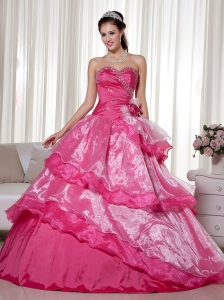Hot Pink Ball Gown Sweetheart Floor-length Taffeta and Organza Beading and Hand Made Flower Quinceanera Dress