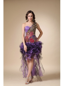 Purple Column One Shoulder High-low Satin and Organza Appliques Homecoming Dress