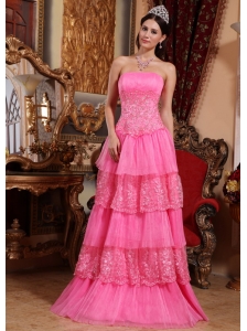 Pink Empire Strapless Floor-length Organza Lace Appliques Prom / Pageant Dress