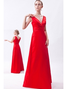 Red Column V-neck Floor-length Taffeta Ruch Bridesmaid Dress