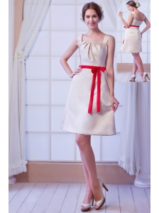 Champagne A-line Square Mini-length Satin Bow Bridesmaid Dress