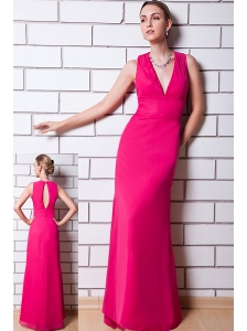 Hot Pink Column V-neck Prom Dress Chiffon Floor-length