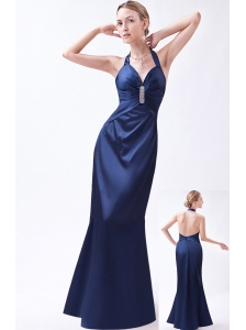 Navy Blue Column Halter Prom Dress Taffeta Beading Floor-length