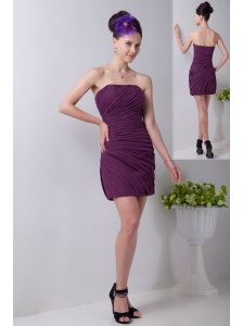 Purple Column Strapless Mini-length Chiffon Ruch Bridesmaid Dress