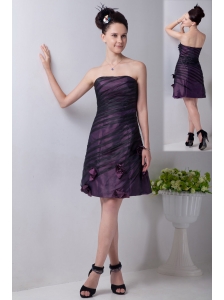 Purple Column Strapless Mini-length Taffeta Hand Made Flowers Bridesmaid Dress