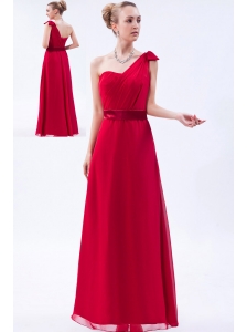 Red Column One Shoulder Floor-length Chiffon Ruch Bridesmaid Dress