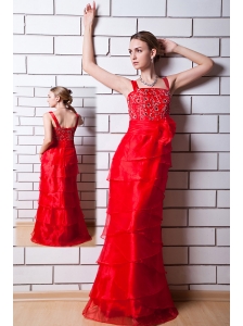 Red Column Straps Prom Dress  Organza Beading Floor-length