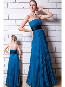 Blue Empire Strapless Prom Dress Chiffon Ruch Floor-length