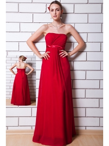 Wine Red Empire Chiffon Ruch Bridesmaid Dress Strapless Floor-length