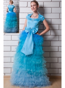 Aqua Blue Column Square Prom Dress Organza and Taffeta Beading Floor-length