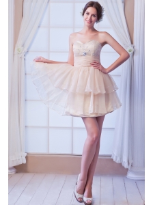 Champagne A-line Sweetheart Prom Dress Beading Satin and Organza Mini-length