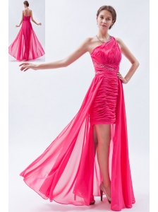 Hot Pink Column / Sheath One Shoulder Prom Dress High-low Chiffon Sequins
