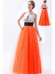 Orange Red Empire Halter Prom Dress Tulle and Sequin Floor-length
