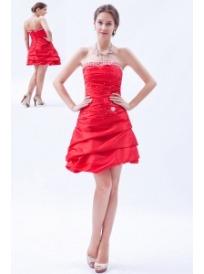 Red A-line / Princess Strapless Prom Dress Taffeta Beading Mini-length