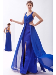 Royal Blue Empire Straps Prom Dress Chiffon Beading Floor-length