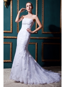 Modest Mermaid Strapless Brush Train Lace Beading Wedding Dress