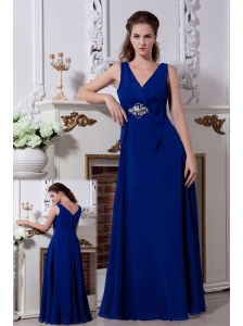 Royal Blue Empire V-neck Beading Bridesmaid Dress Floor-length Chiffon