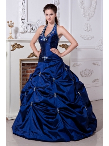 Royal Blue A-line / Princess Halter Sweet 16 Dress Taffeta Embriodery Floor-length