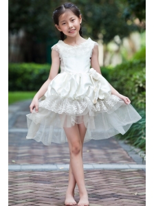 White A-line Scoop Mini-length Flower Girl Dress Taffeta and Organza Hand Made Flowers