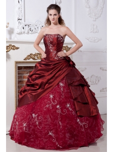 Wine Red Sweet 16 Dress Embroidery A-line Strapless Taffeta and Organza Floor-length