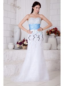 Elegant White Sweetheart Prom / Evening Dress with Muti-Color Beading and Light Blue Belt