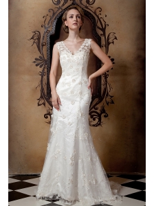 Gorgeous Wedding Dress Column V-neck Brush Train Taffeta and Lace