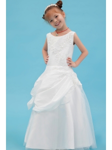 White A-line Scoop Flower Girl Dress Taffeta Beading and Applqiues Floor-length