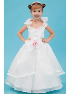 White A-line Square Flower Girl Dress Organza Hand Made Flowers Floor-length