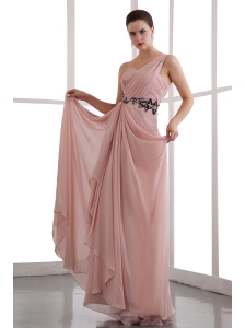 Peach Puff One Shoulder Chiffon Prom Dress with Black Appliques
