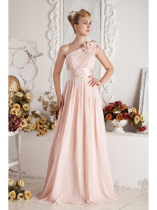 Baby Pink Empire One Shoulder Hand Made Flowers and Ruch Prom Dress Brush Train Chiffon