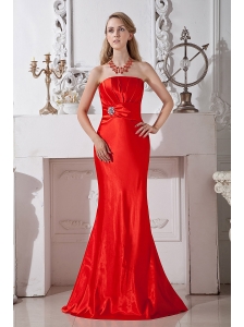 Simple Red Strapless Floor-length Prom Dress Ruch and Beading Taffeta