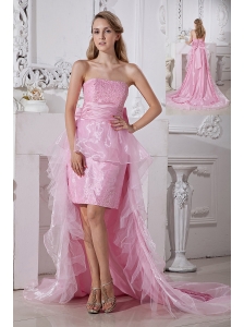 Baby Pink Column Strapless Prom / Homecoming Dress High-low Taffeta and Organza Beading