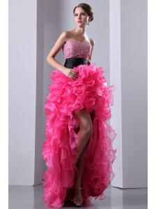 Hot Pink A-line Sweetheart Prom Dress High-low Organza Beading