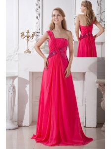 Coral Red Empire One Shoulder Sequins Prom Dress Brush Train Chiffon