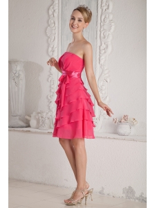 Hot Pink Empire Strapless Ruch and Sash Prom Dress Mini-length Chiffon