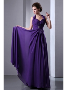 Purple Empire Halter Top Prom Dress Backless Chiffon Beading