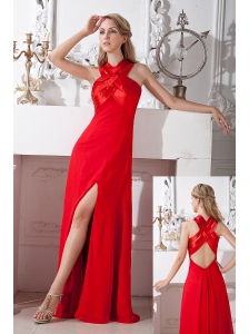 Red Empire High Neck  Prom Dress Floor-length Chiffon