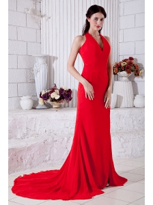Red Empire Halter Prom / Evening Dress Brush Train Chiffon