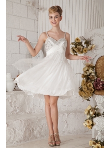 White Empire Straps Short Prom Dress Chiffon Beading Knee-length