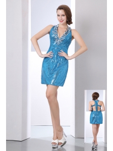 Baby Blue Column V-neck Short Prom Dress Sequin Sequins Mini-length