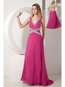 Hot Pink A-line V-neck Appliques With Beading Prom dress Floor-length Chiffon