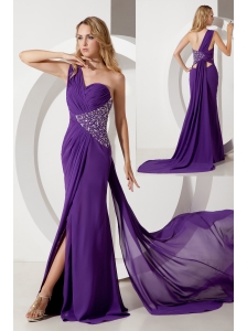 Purple Column One Shoulder Beading Prom Dress Watteau Train Chiffon