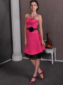 Beautiful Hot Pink Empire Strapless Hand Made Flowers Mother Of The Bride Dress Knee-length Satin and Tulle
